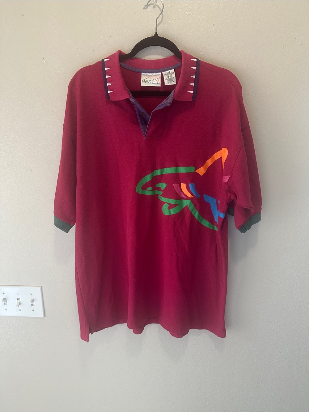 Greg Norman Collection Maroon Polo with Multicolor Shark Graphic